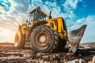 Fototapeta premium A large yellow construction vehicle standing on muddy ground