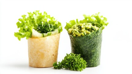 Fototapeta premium Fresh lettuce wraps with green leaves on white background