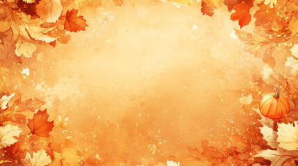 Thanksgiving themed banner wallpaper with soft golden orange gradient, maple leaf and pumpkin elements scattered in the corners, empty center area for text, Ai generated images