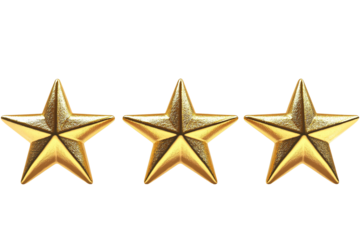 Three golden stars in a horizontal row. Metallic texture with intricate detailing. Symbolizing ranking, quality, or achievement