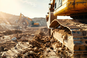 Fototapeta premium A close up view showing the tracks of an excavator on the ground