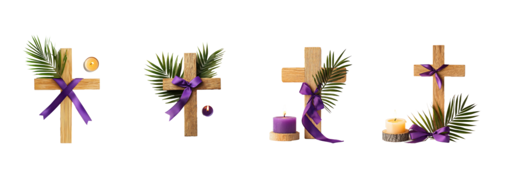 Collection of Wooden Cross with purple ribbon and palm leaf and burning candle, lent concept isolate on transparent background