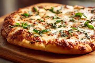 Freshly Baked Pizza with Crisp Crust and Basil Garnish in Natural Light