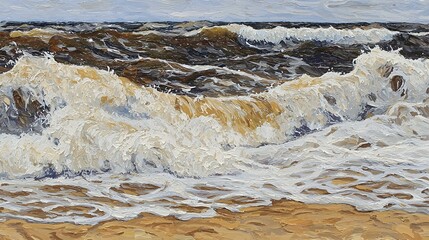 Impasto ocean waves crashing on sandy beach.  Dynamic brushstrokes capture powerful energy of sea.