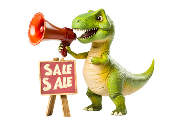 Adorable cartoon dinosaur shouting into megaphone and holding sale banner transparent background