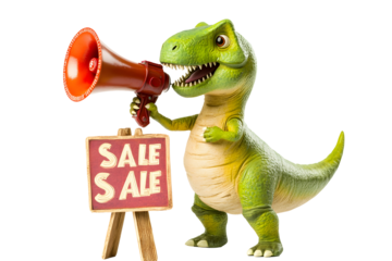 Adorable cartoon dinosaur shouting into megaphone and holding sale banner transparent background