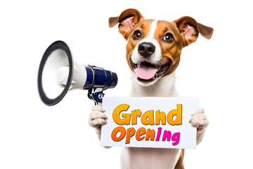 Cute dog with megaphone holding Grand Opening sign on transparent background