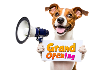 Cute dog with megaphone holding Grand Opening sign on transparent background