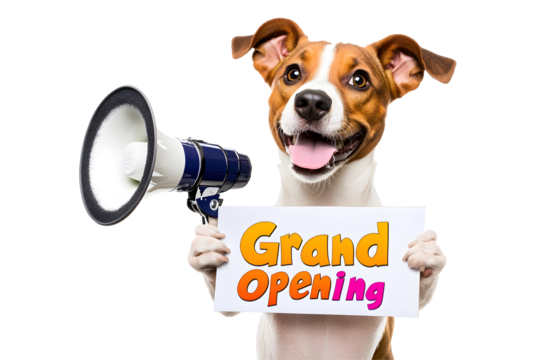 Cute dog with megaphone holding Grand Opening sign on transparent background - Powered by Adobe