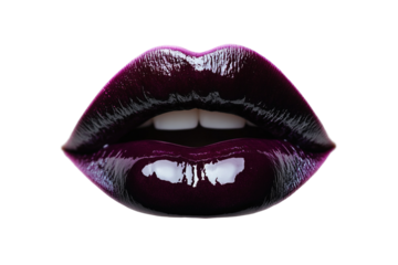 Glossy, dark plum lips stand out with healthy teeth on a transparent background