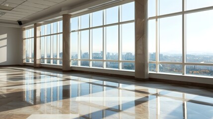 Fototapeta premium Sunlit modern office interior with expansive windows offering a panoramic city view. The polished floor reflects the cityscape and sunlight.