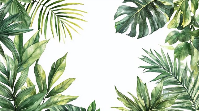 Watercolor illustration of various green tropical leaves framing white space