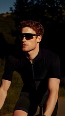 Obraz premium A redhead cyclist in a black cycling outfit and sunglasses, outdoors on a sunny day.