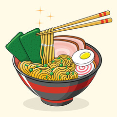 Flat illustration of a colorful bowl of ramen, isolated food concept illustration, flat cartoon food
