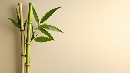 Naklejka premium Green Bamboo Stalks and Leaves on Beige Background