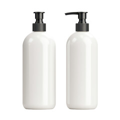 Two white plastic pump bottles with black dispensing caps on transparent background for personal hygiene, skincare, or cosmetic product use.