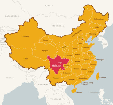 Map of Shicuan province, China, with country border, name, and capital
