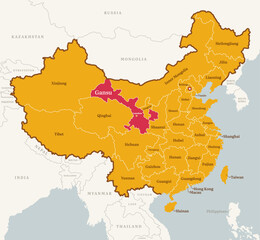 Map of Gansu province, China, with country border, name, and capital