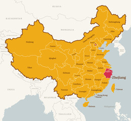 Obraz premium Map of Zhejiang province, China, with country border, name, and capital