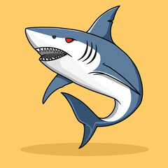 killer white shark with red eyes cartoon flat illustration, isolated sea creature concept, flat cartoon style