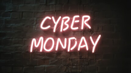 Obraz premium Cyber Monday Neon Sign Pink Glowing Letters on Brick Wall