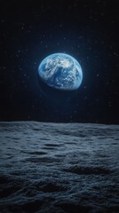 Earth rising over moon surface, night sky
