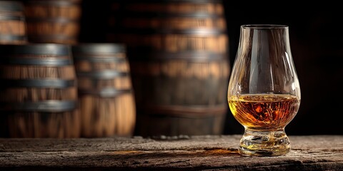 Whisky Tasting: Golden Liquid in a Glencairn Glass against Aged Barrels