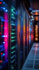 Server racks illuminated in data center aisle