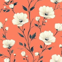 Soft Floral Pattern on Vibrant Coral Background with Leafy Designs