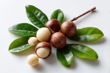 Macadamia nuts with leaves still life on white background