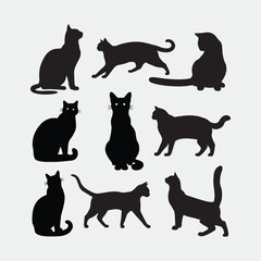 Black Cat Silhouettes Full Body Vector Set.