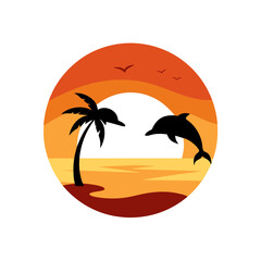 Tropical sunset with silhouettes of dolphin vector design