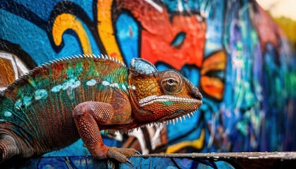 A surreal scene of a chameleon blending into a graffiti-covered urban wall, its textured skin mimicking spray paint patterns.
