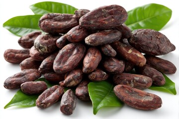Obraz premium Pile of cacao beans with leaves on white background