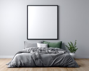A giant black frame mock-up against a neutral-toned bedroom wall above the bed - modern detail template living clean