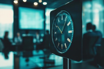 Business meeting in modern conference room with clock showing the time of discussion, Clock overlaying business meeting in modern conference room
