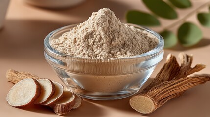 Powdered astragalus root in a glass bowl with sliced roots arranged nearby