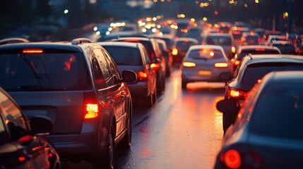 Fototapeta premium Evening Commuter Traffic Jam on Wet Road