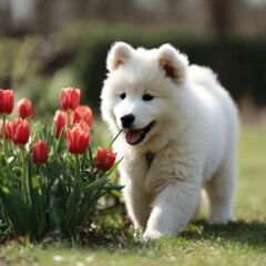 White wonderful Samoyed puppy sits on the green grass, listens to commands, lies, plays with flowers in a beautiful park, spring, red tulips, flower petals. Dog in nature, a walk in the park.