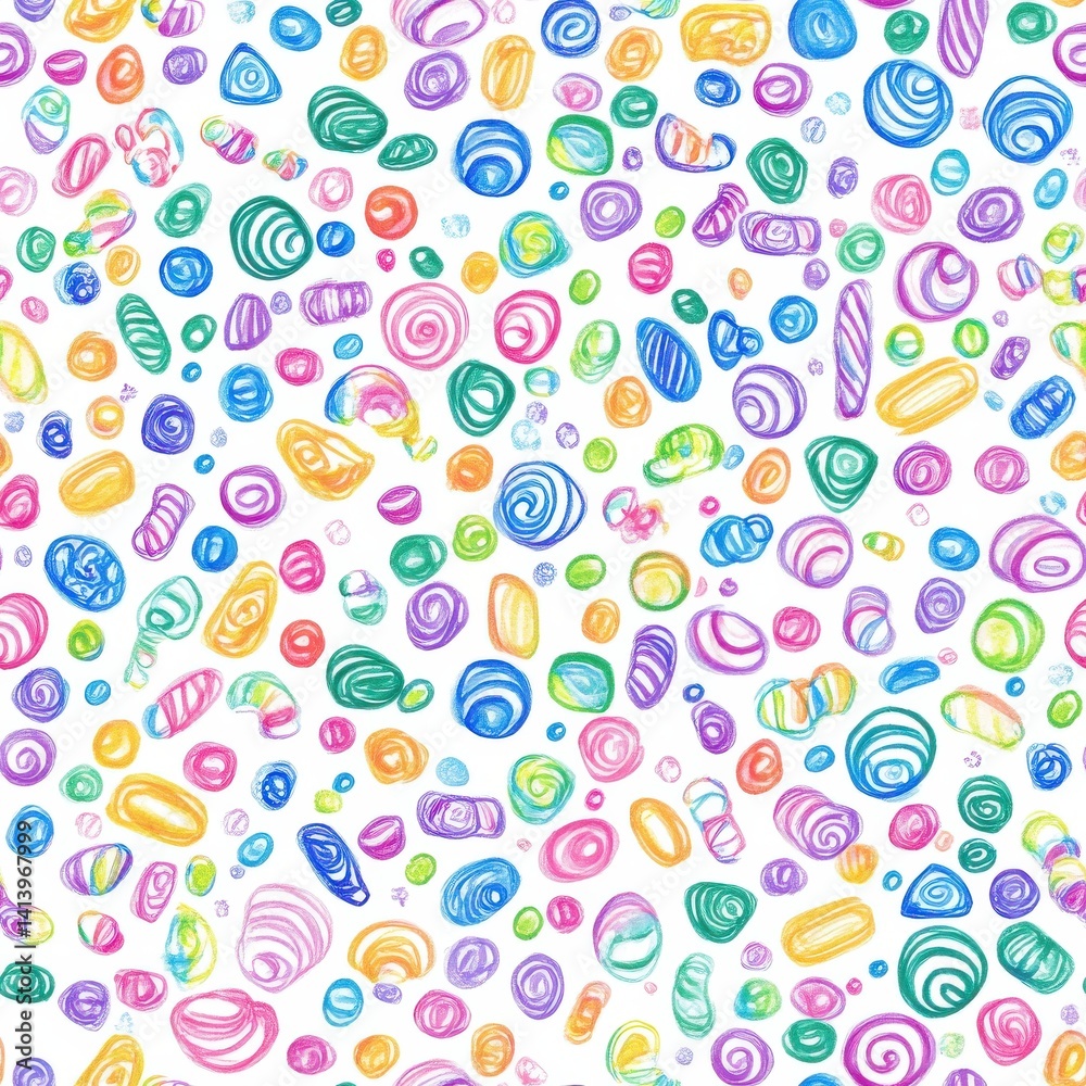 Poster whimsical cartoon doodle pattern with colorful circles, spirals, and abstract shapes on a white back