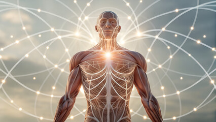 self-myofascial release fascia injury prevention A digital illustration of a human figure with visible anatomy and glowing energy connections.