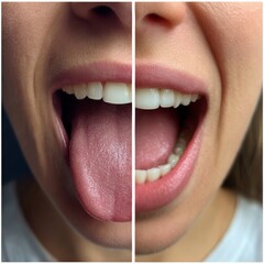 Obraz premium Woman showing her tongue before and after cleaning procedure, closeup. Tongue coated with plaque on one side and healthy on other, collage