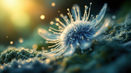 A close-up of a delicate, surreal organism with fine, hair-like structures, illuminated by soft light, creating a magical and ethereal atmosphere.