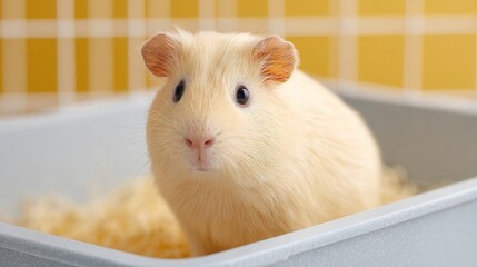 Fototapeta premium A cute, light-colored guinea pig sits in a cozy enclosure, surrounded by soft bedding, with a bright, cheerful background adding to the charming atmosphere.