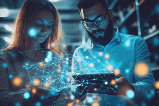 Colleagues collaborating on data analysis with digital diagrams in modern office setting, data processing and diagrams over diverse colleagues discussing work
