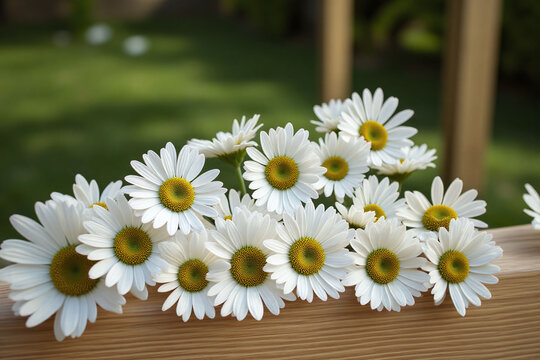 bunch of daisies sitting on top of a wooden bench