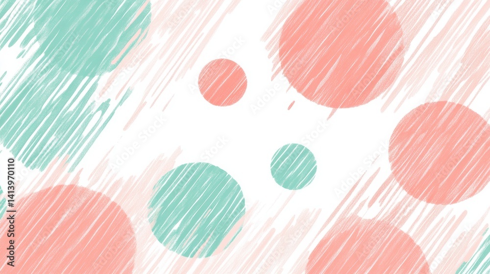 Fototapete soft pastel mint and coral dashed patterns dissolving on a white backdrop for gentle backgrounds and
