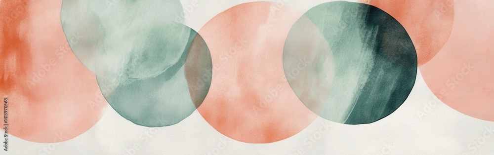 Poster Overlapping circular shapes in muted mint and coral colors create a modern abstract background with subtle watercolor textures.