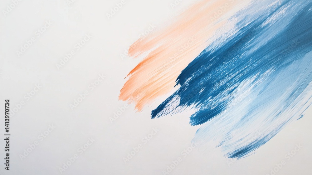 Poster abstract art on white canvas: blue and peach brushstrokes for modern design and creative backgrounds