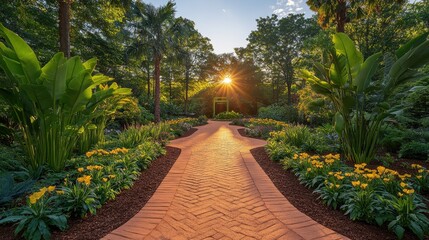 Fototapeta premium Sunlit pathway meanders through a vibrant garden at sunset.